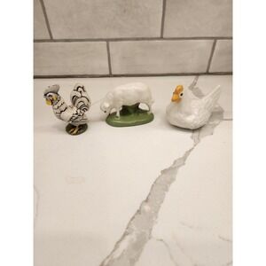 Lot Of 3 Vtg Mini Ceramic Porcelain Rooster Chicken Hen Sheep Figurines Trinkets